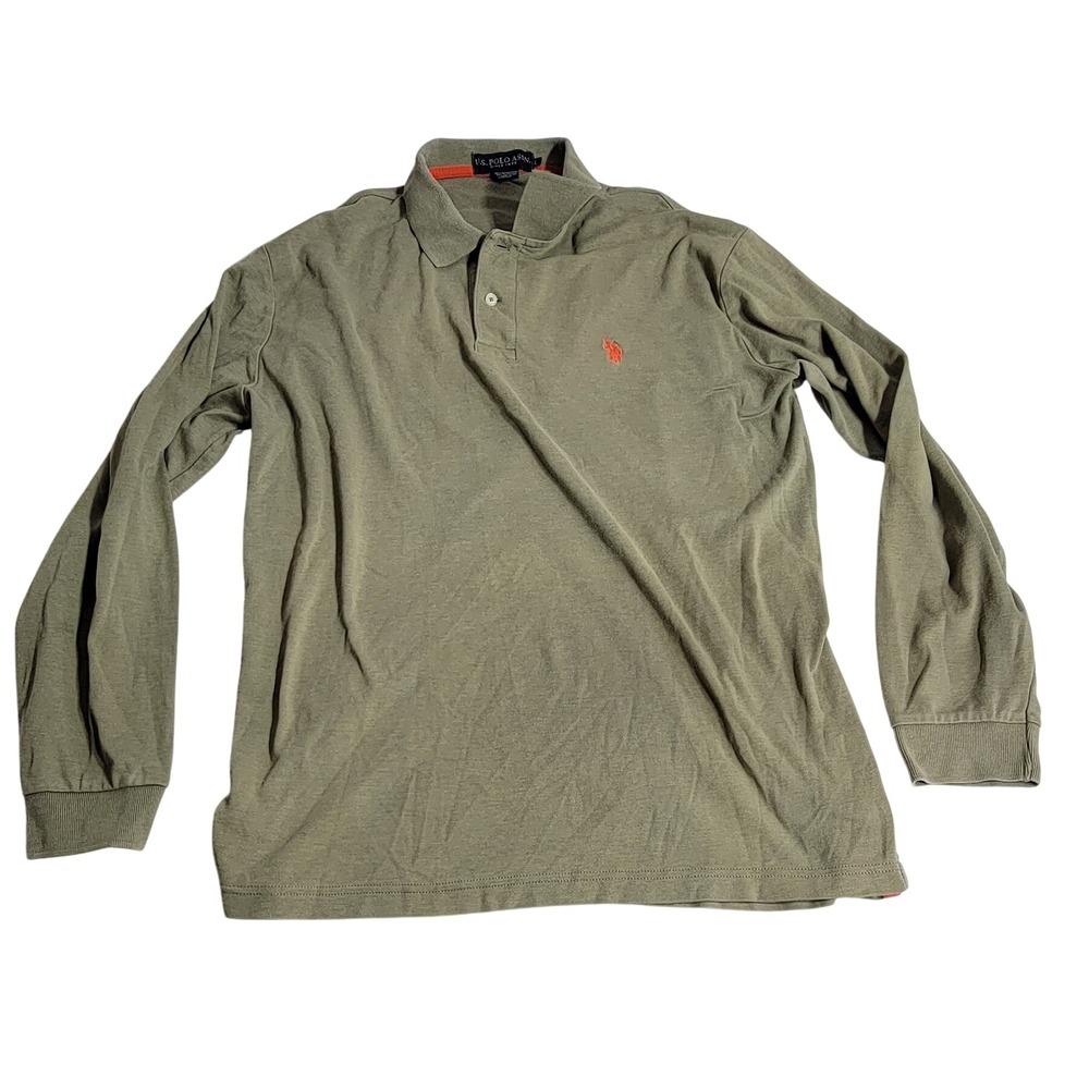 US Polo Assn Mens Olive Green Long Sleeve Polo Shirt Orange Logo Size L